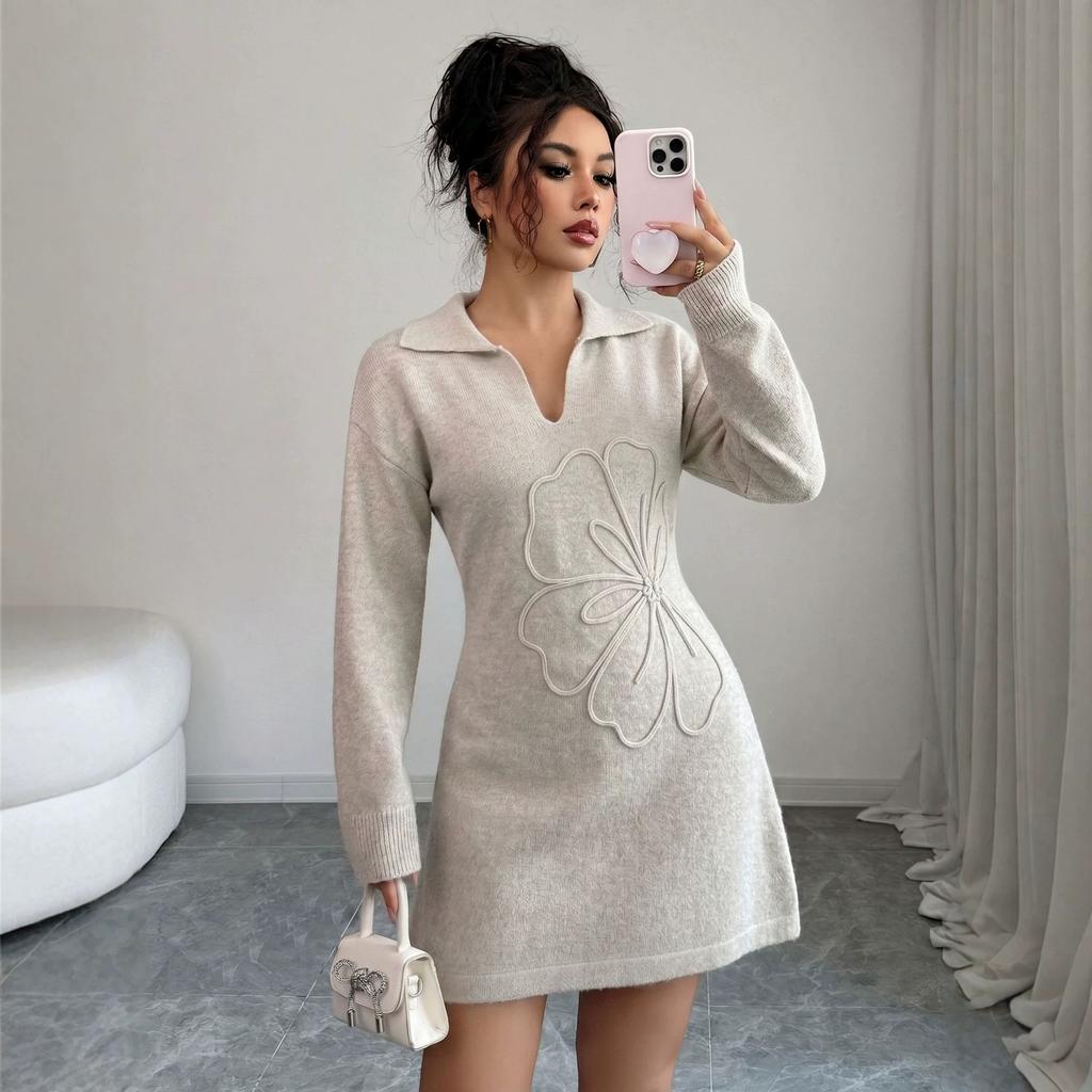 Women Autumn Winter Polo Collar Knit Mini Dress, 3D Floral Embroidery Long Sleeve Slim Waist Bodycon Short Sweater Dress