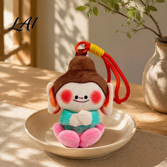 Plush Keychain for Bags Cute Buddha Keychain Dunhuang Style Pendant with Embroidered Colorful Woven Bracelet Details Soft Car Bag Charm Creative