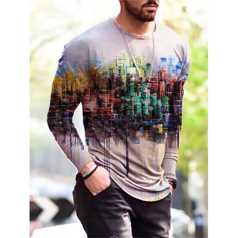 3D Gedrucktes Hip Hop Rock T-Shirt Für Männer Buntes Muster T-Shirts Frühling Herbst Freizeit Langarm Rundhals Oberteile Lockere T-Shirts