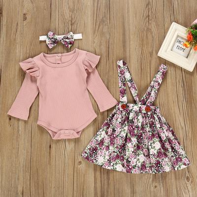 Toddler  Long Sleeve Solid Romper+Floral Print Suspender Skirts Outfits
