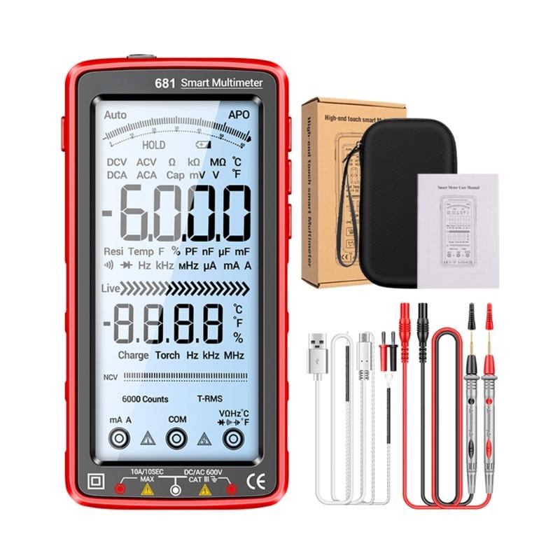 

USB Rechargeable Multimeter Live-Wire NCV Meter Temperature Detector Backlit Data Hold with Flashlight Silicone Sleeve червоний