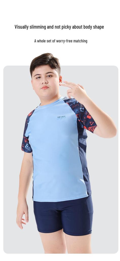 Customizable Two-Piece Short Sleeve Swimsuit for Kids & Teens - Plus Size, Quick-Drying, Loose Fit