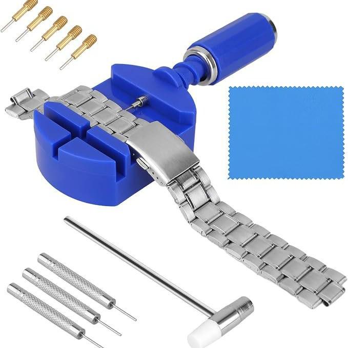 18-Piece Watch Repair Tool Kit with Strap Remover, Punch Pin, and Metal Hammer.