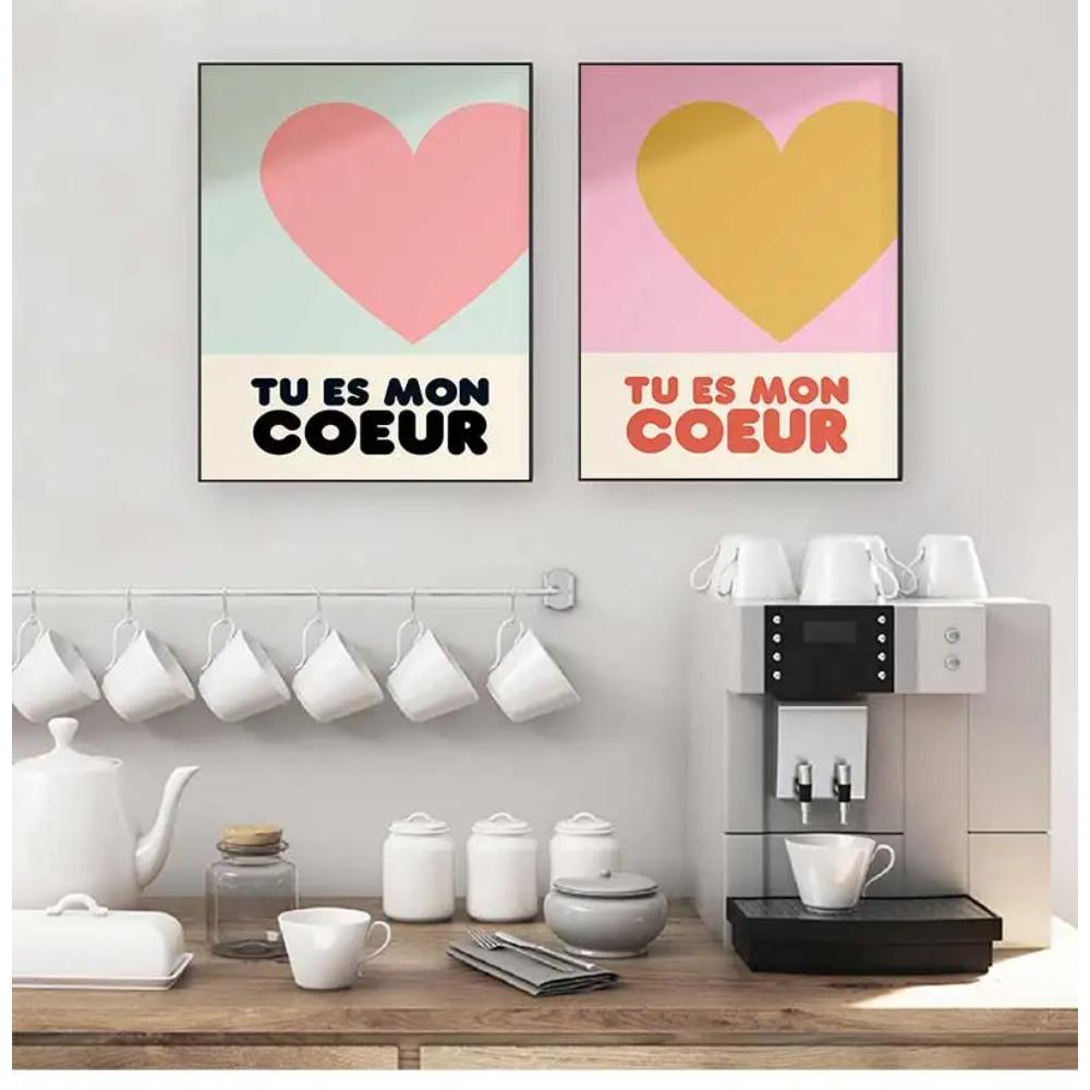 Tu Es Mon Coeur Poster Colorful Heart Pictures Mid Century Wall Art Decor Canvas Painting Couples Gifts Bedroom Home Decorative