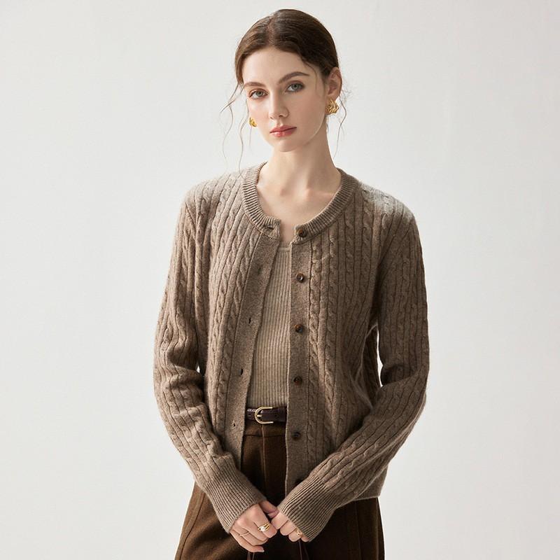 Womens Thick Cable Knit Cashmere Cardigan Round Neck Single Breasted Loose Fashion Sweater Winter