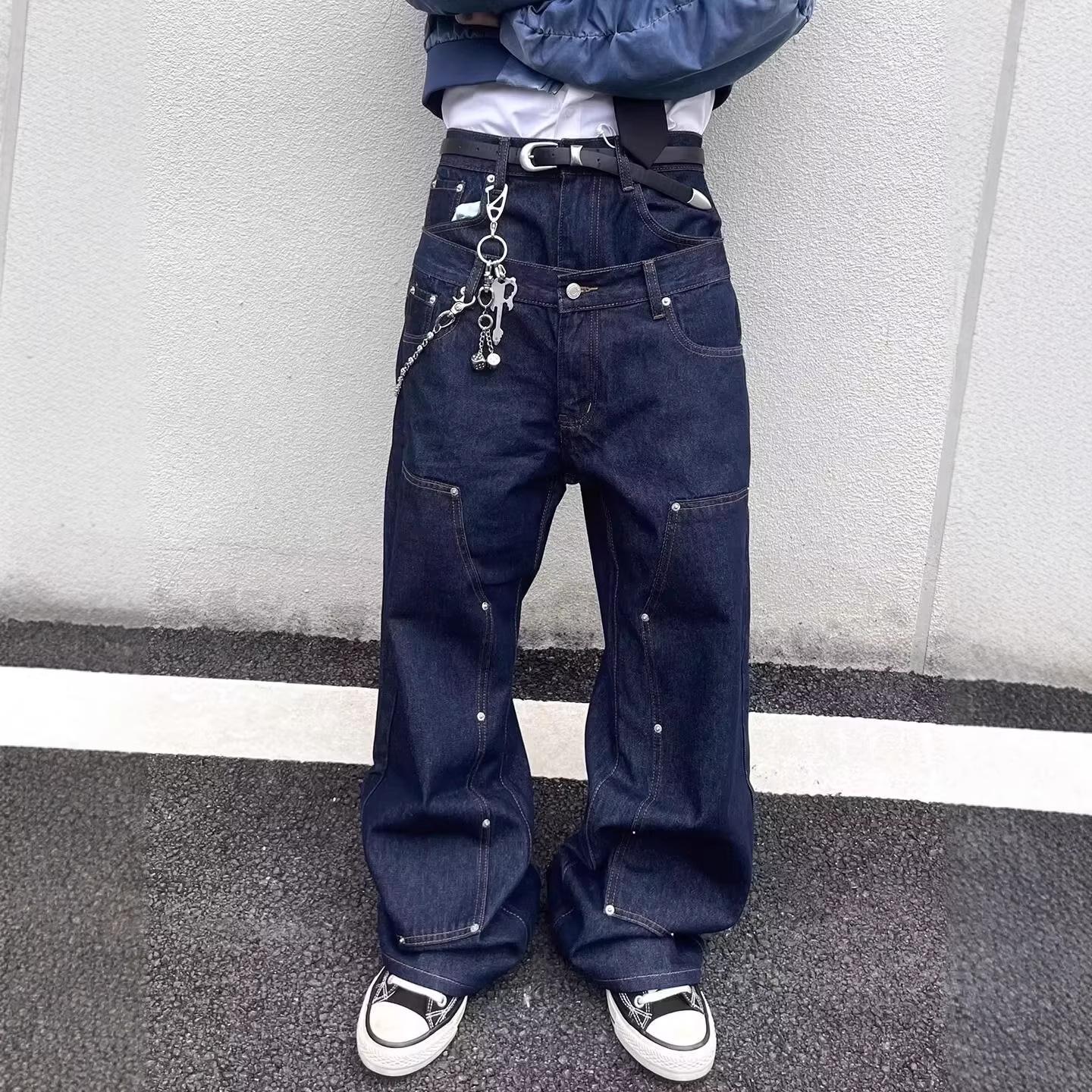 Men s Hip Hop Double Waistband Patchwork Jeans – New Trendy, Loose Fit, Straight Leg XL
