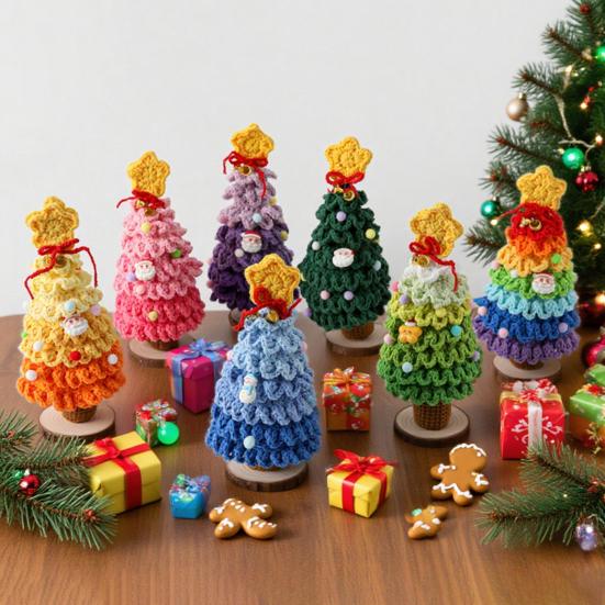 Yousheng Crochet Christmas Tree Small Handmade Multi-layered Knitting Xmas Tree with Woodgrain Base for Winter Tabletop Home Room Party Decor