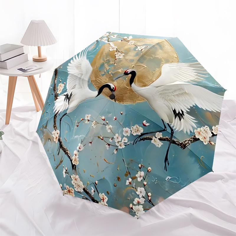 1pz Ombrello Pieghevole alla Moda con Fiori di Gru, Apertura/Chiusura Automatica, 8 Stecche, Antivento Portatile, Uso Quotidiano177