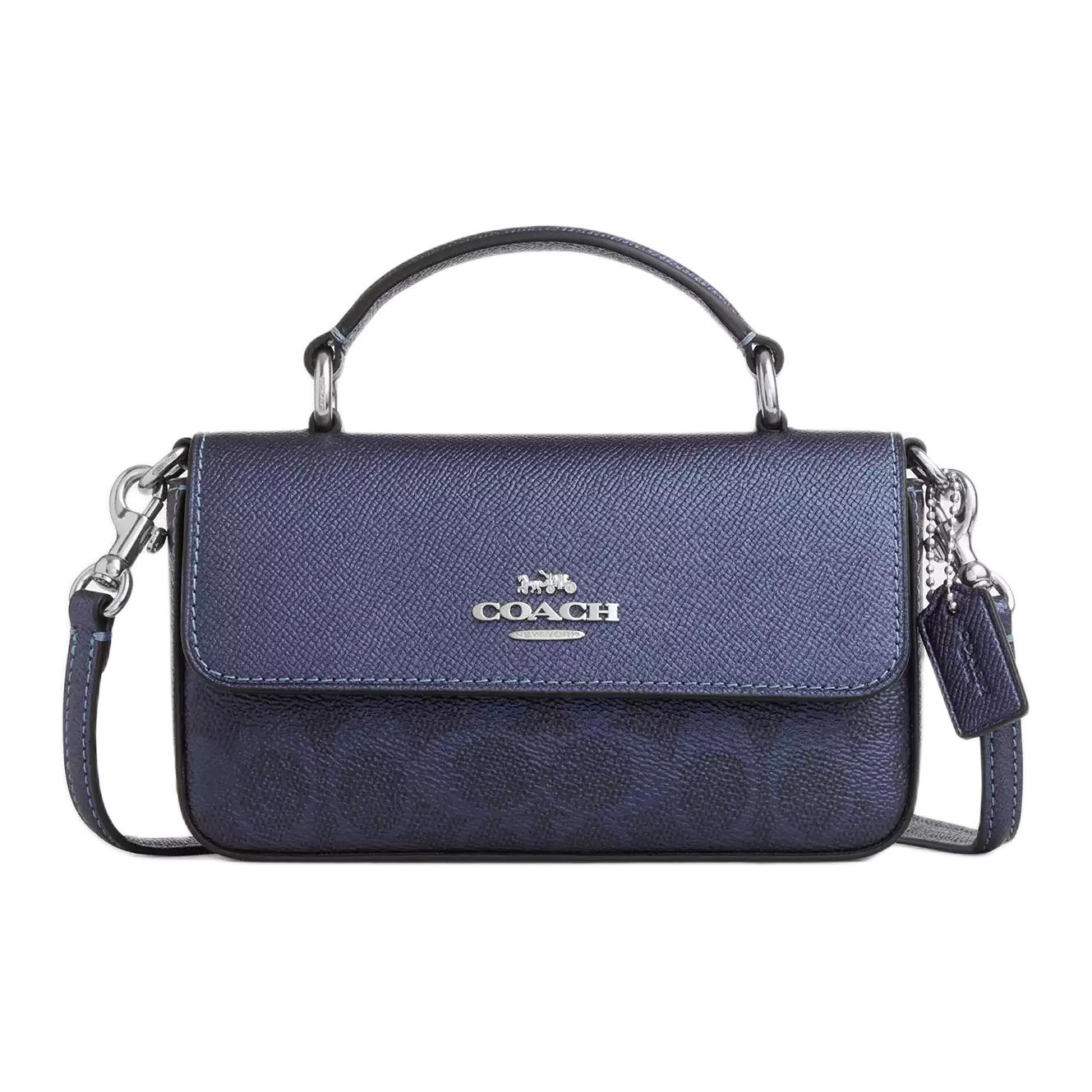 

Coach Josie Top Handle 18 Silver Logo Pearl Signature Coated Canvas With Metallic Striped Leather Handbag Small Women handbags Navy-Blue CCK68-SBLNV Basic Set (Bag+Dust Bag)