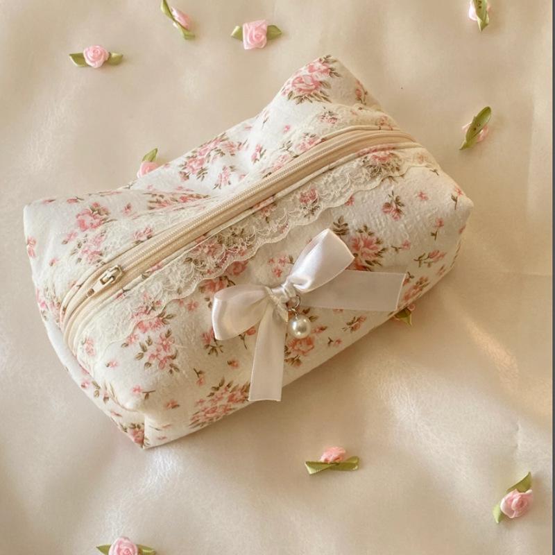 Cute Sweet Lace Bow Cosmetic Bag Large Capacity Makeup Organizer Women Travel Toiletry Bag Zipper Pencil Case Storage Bags