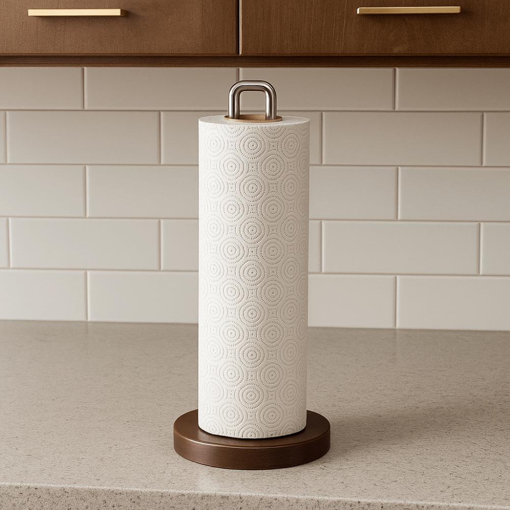 Stainless Steel Paper Towel Stand Wooden Base One-Handed Tear Paper Towel Rack Non-Slip Durable Toilet Tissue Holder Countertop