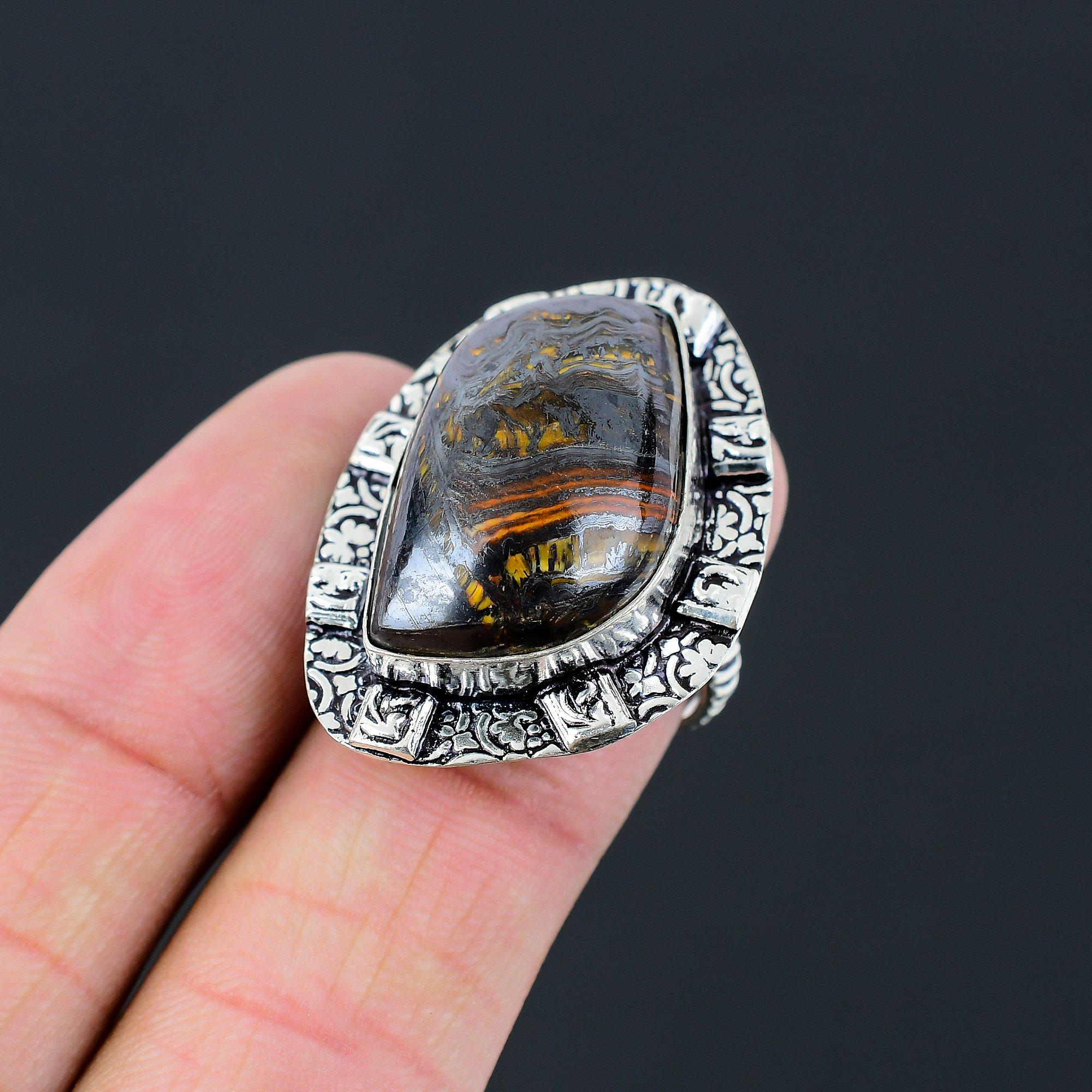 

925 Sterling Silver Iron Iron Tiger Eye Gemstone Solitaire Ethnic Ring Size 7 7