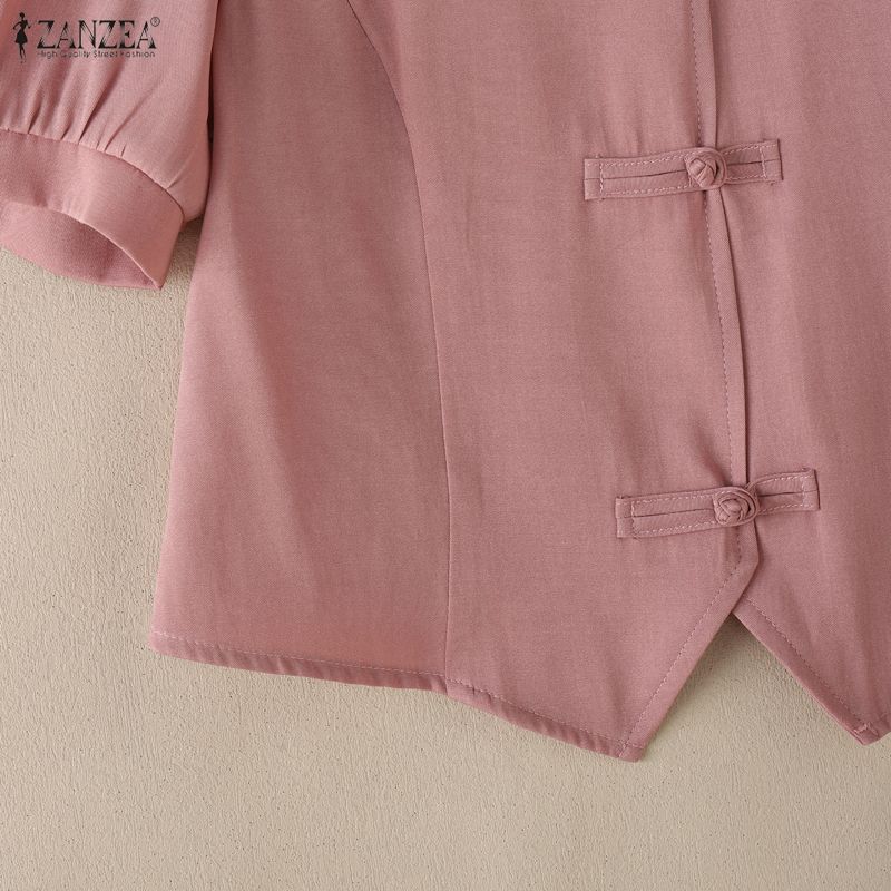 ZANZEA Dámská ležérní letní halenka s V-výstřihem, jednobarevná, krátký rukáv