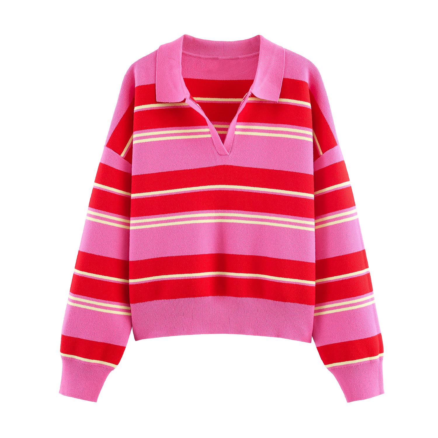 European Fashion Casual Striped Knit Polo Shirt Large
