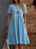 Summer European and American TEMU retro loose pocket solid color round neck women's cotton and linen dress