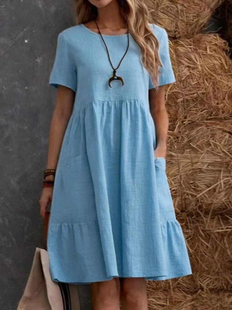 Summer European and American TEMU retro loose pocket solid color round neck women's cotton and linen dress