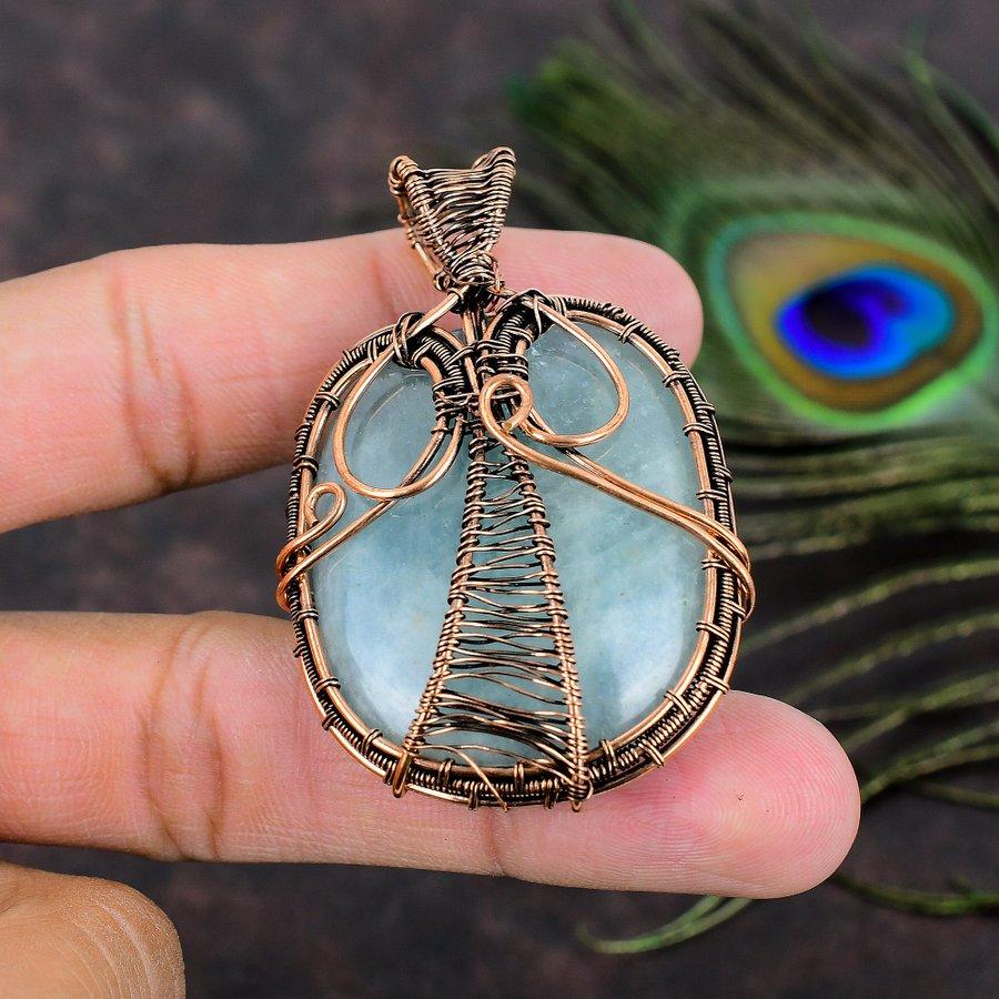 Natural Aquamarine Gemstone Handmade Copper Wire Wrap Gift Pendant 2.36 R3r57