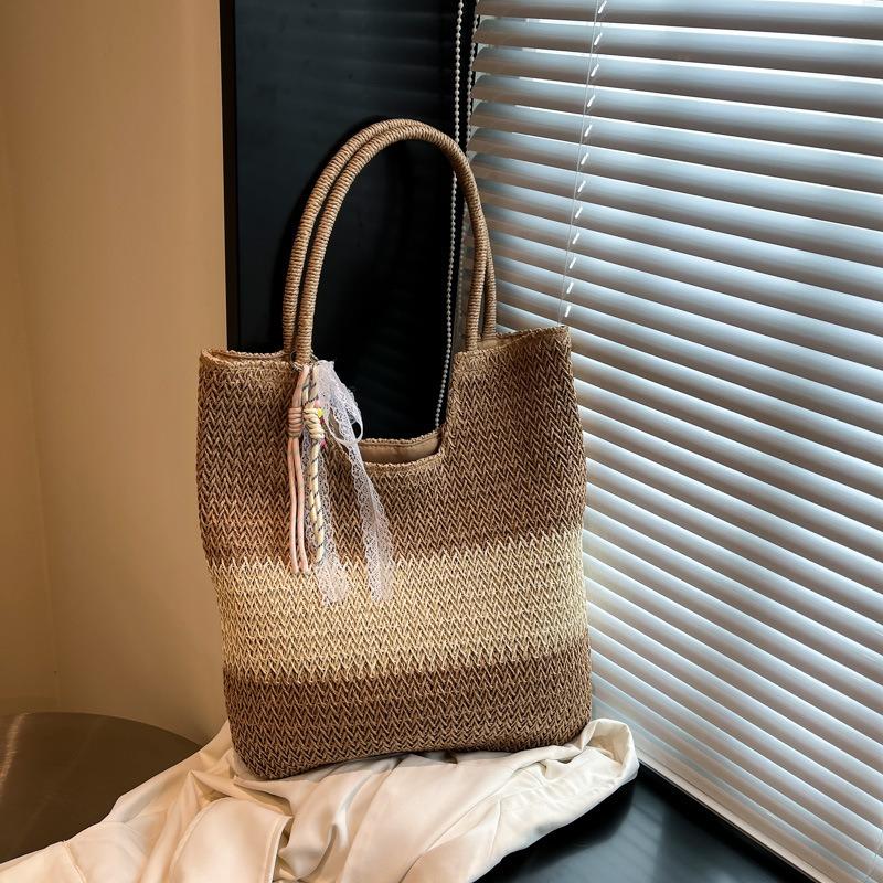 Summer Contrasting Color Woven Big Bag Women's New Fashion Underarm Straw Bag Seaside Vacation Beach Bag