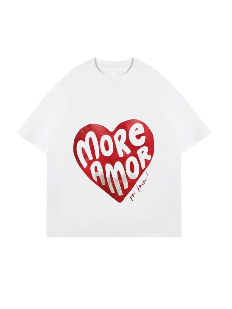 Oversize Women's Short-Sleeve T-Shirt with Red Heart and "MORE AMOR" Text Print