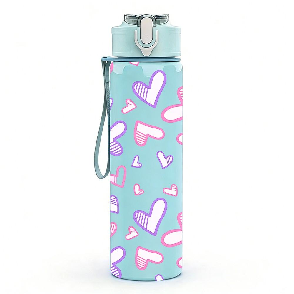 1PC Pink Purple Heart Seamless Print 750ml Color Plastic Sports Water Bottle Leakproof Flip Straw Lid Suitable for Sports Office Home Use