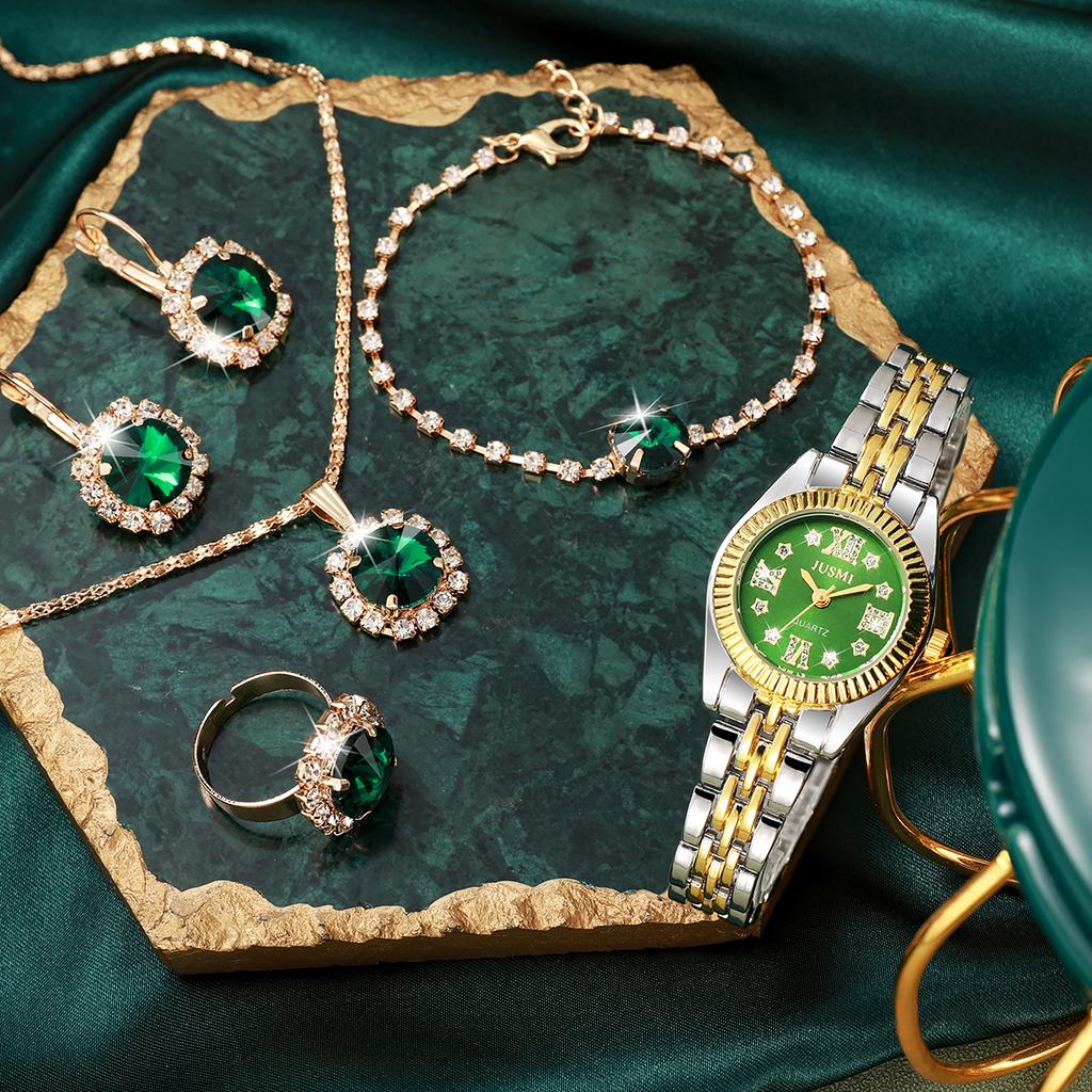 Ladies' New Round Large Dial Steel Strap Quartz Watch Fashion Emerald Hand Chain Necklace Ring Earrings Temperament Versatile Ho