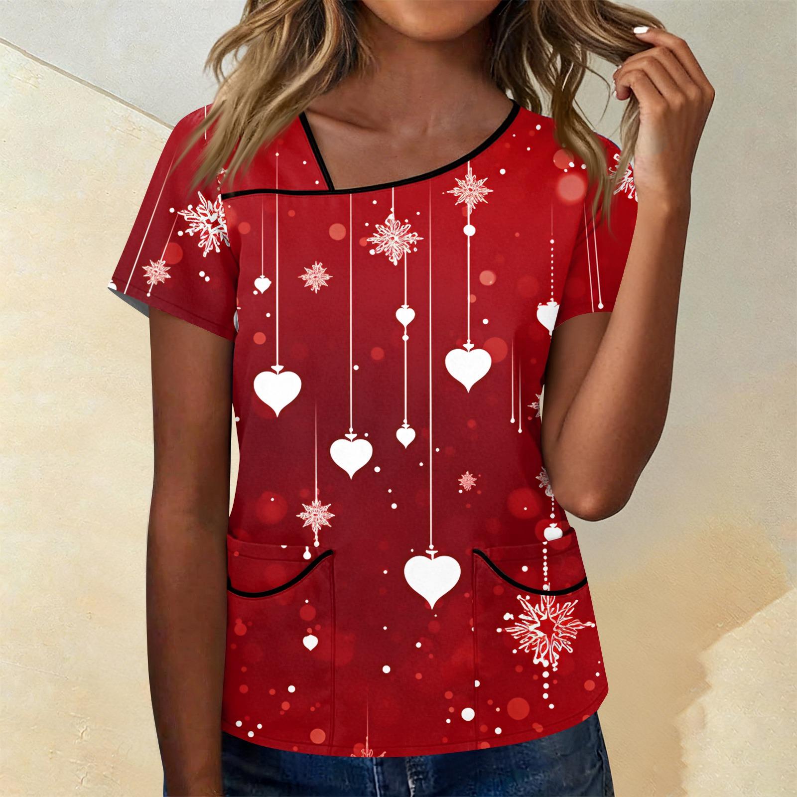 

Women s Printed Work Clothes With Skew Collar And Double Layer Pocket Basic Tops Pullover XL винний