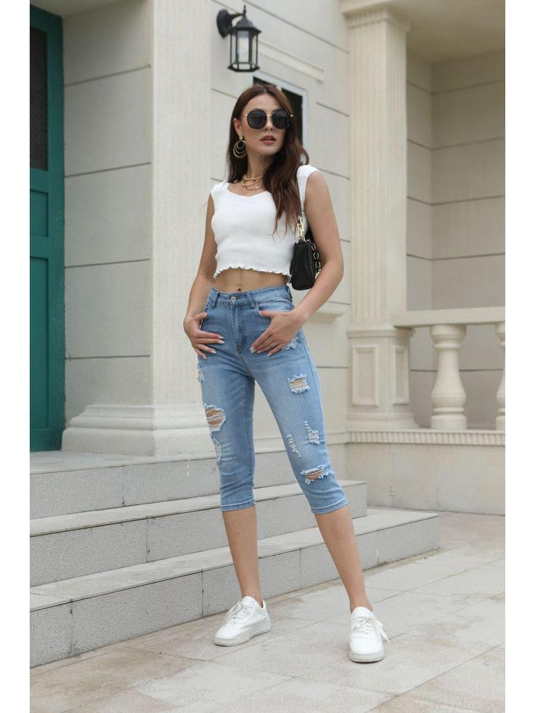 Women's Light-Colored Elastic Capri Ripped Jeans - Popular in Southeast Asia