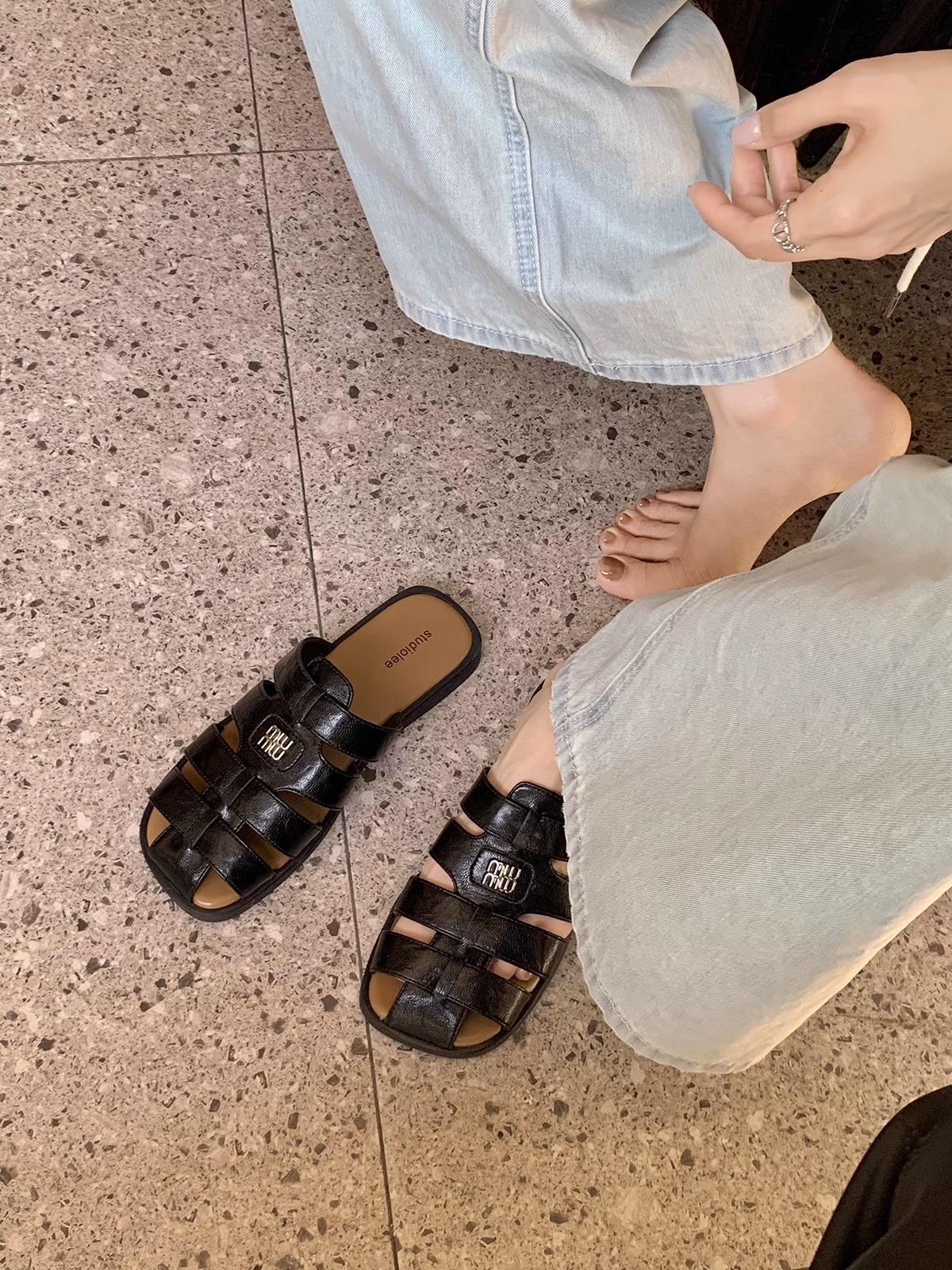 

Sheepskin~ French hollow slippers women s Roman woven bag head half drag summer wear a pedal Muller cool slippers 35