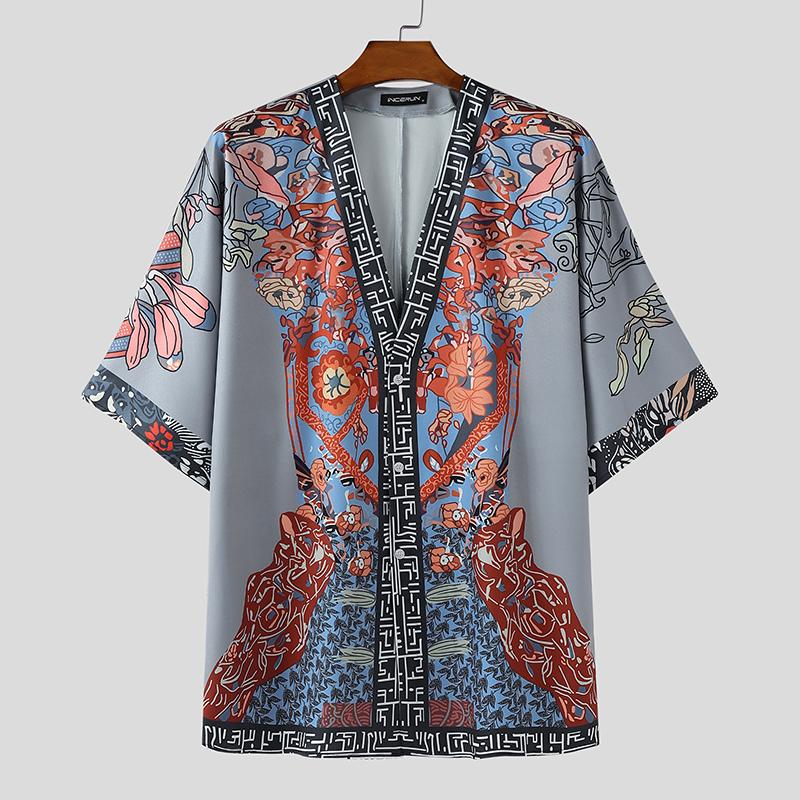 

INCERUN Мужские повседневные рубашки оверсайз с V-образным вырезом и коротким рукавом с цветочным принтом L