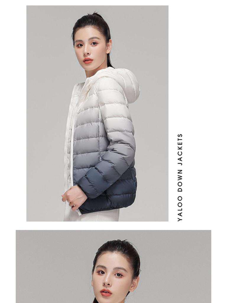 Youjia Women's Gradient Lightweight Down Jacket - 90% White Duck Down, Short Style, Hooded, Autumn/Winter Fashion.