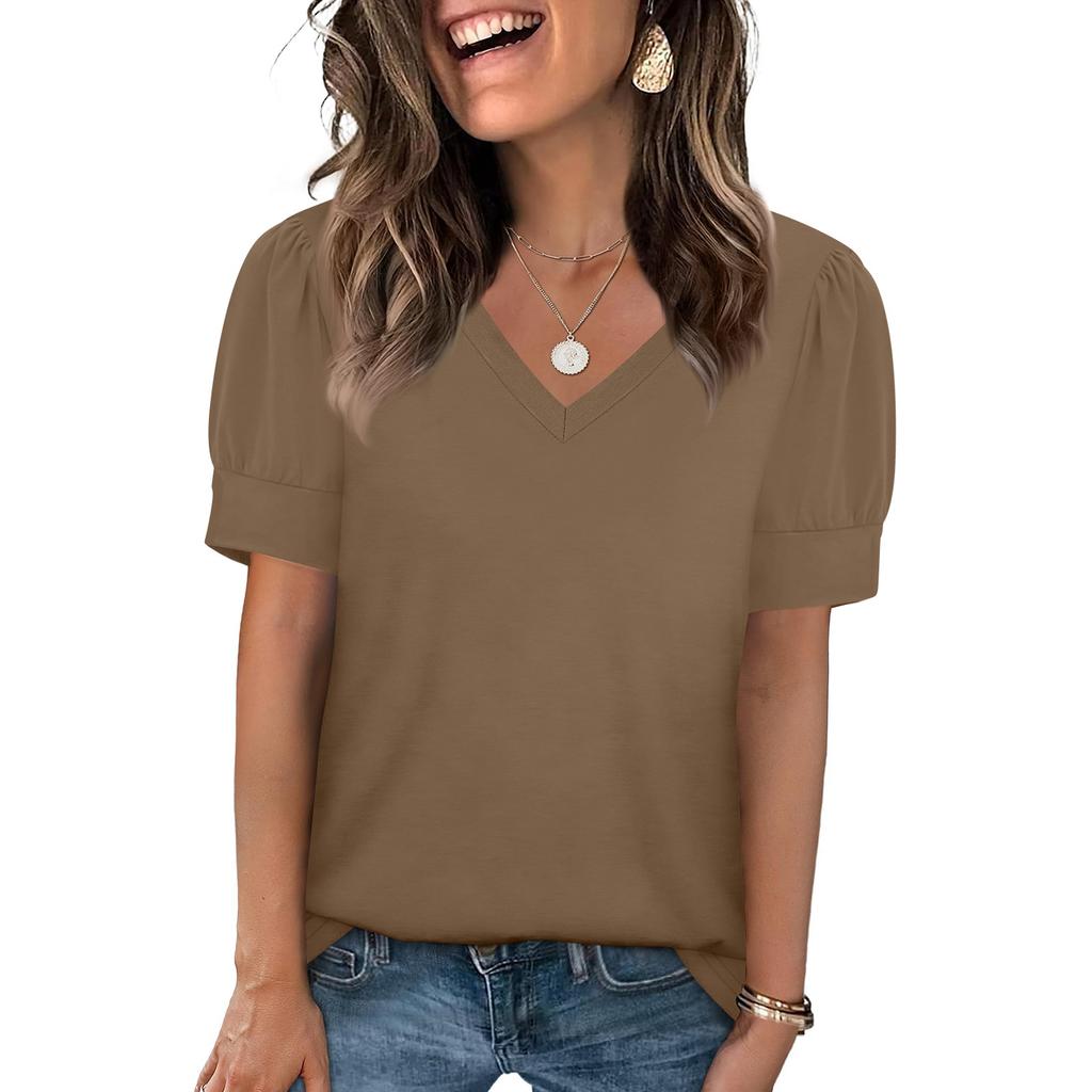 Women's Fashion Casual V- Neck Short Sleeve Color Shirt Women's Up Tops
