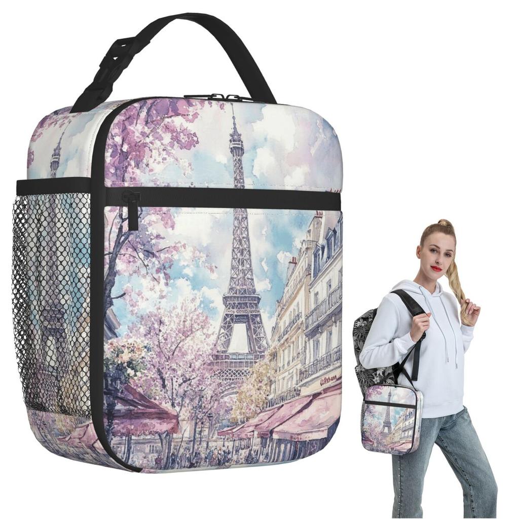 Eiffel Tower And Cherry Blossoms Design Insulated Lunch Bag for Women Kids Portable Food Boxes Thermal Lunch Box Tote