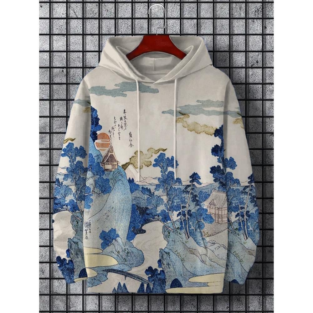 Men's Hoodie Landscape Paint Print Y2k Sweatshirt Harajuku Hooded Shirt Pullover Casual Oversized Long Sleeve Top Men's Clothing
