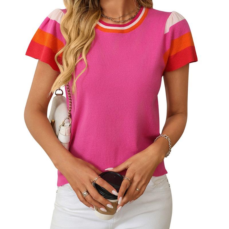 Women's Summer Round Neck Knit Top Clashing Colours Sweet Short Sleeve Sweater