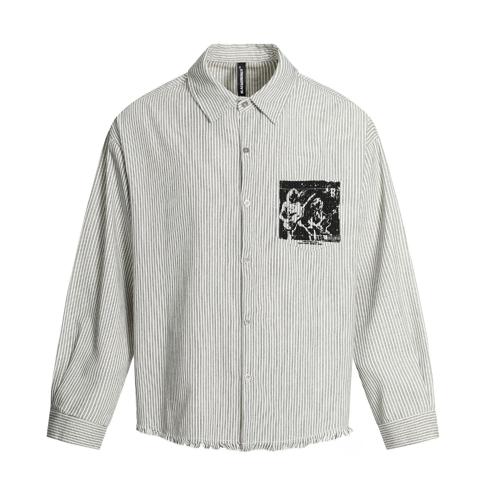 Men s American retro hip-hop trendy brand dark printed striped shirt long sleeve rough edge S