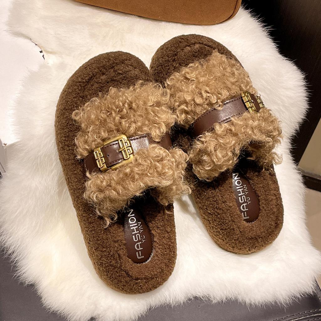 Thick-soled fluffy slippers outer wear 2025 autumn and winter new belt buckle home office plush cotton slippers women