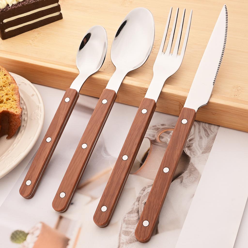 4/5pcs Imitation Wooden Handle Cutlery Set Clamp Stainless Steel Dinnerware Set Western Knife Fork Tea Spoon Tableware Flatware