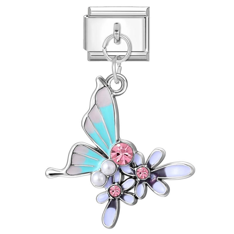 Zircon Colorful Crystal Butterfly Heart Flower Pendant Italian Charm Link Fit 9mm Bracelet Stainless Steel Women DIY Making Gift
