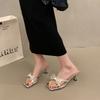 Fashion Bow Crystal Women's Slippers Square Toe High Heels Shoes Elegant Luxury Sandals Pumps 2025 Summer Slides Fashion Flip Flops