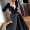 Vintage Black Dress Women Retro Elegant Wrap Midi Dresses Korean Harajuku Long Sleeve Solid Clothes Spring Fashion