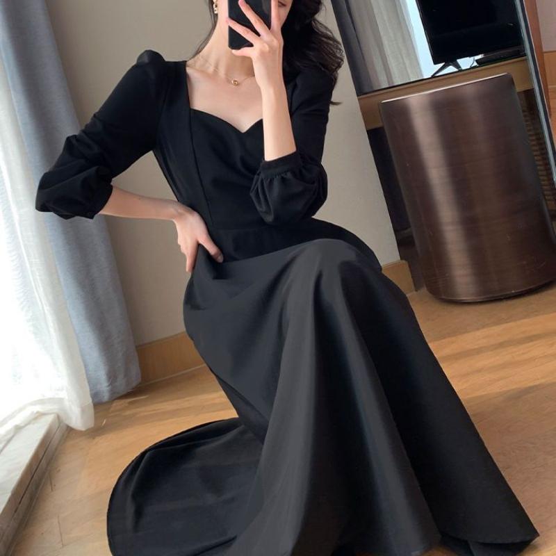 Vintage Black Dress Women Retro Elegant Wrap Midi Dresses Korean Harajuku Long Sleeve Solid Clothes Spring Fashion