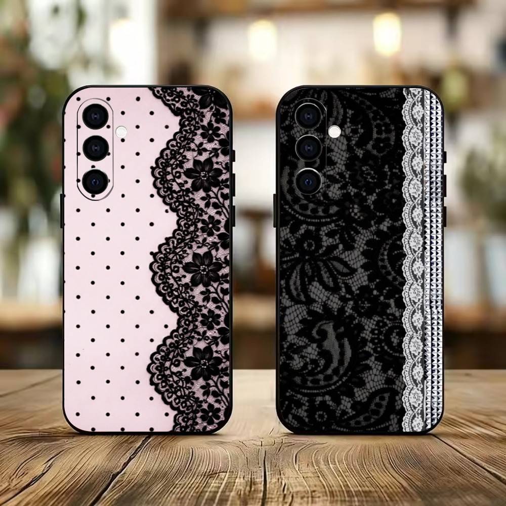 Elegant Black Lace Print Design Phone Case For Samsung Galaxy A73,A72,A71,A70,A53,A52,A51,Others Soft Black Cover