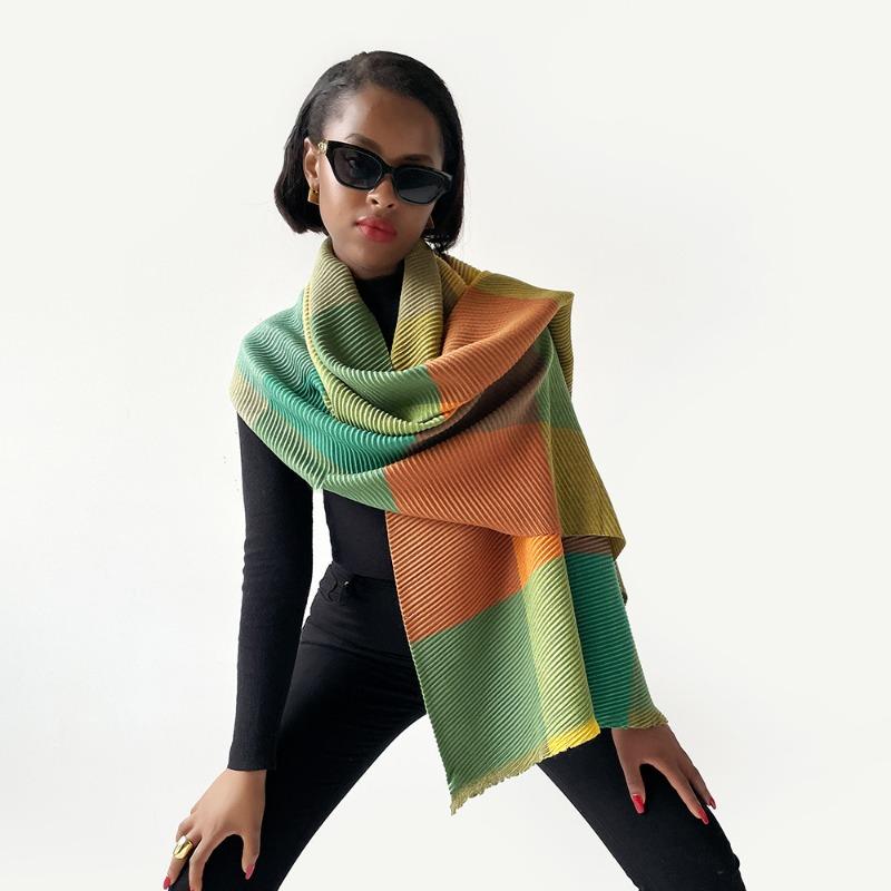Winter new polyester-cotton multi-color line plaid scarf women's warm long thickened pleated scarf shawl