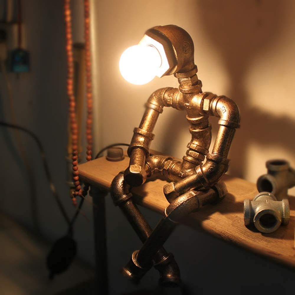 ALLUCK Retro Industrial Rusty Iron Water Pipe Table Lamp (Robot Steampunk) for Table or Side Desk, E27 110V, Single Light, Bronze, Suitable for