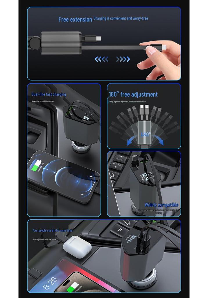 Super Fast Car Phone Charger with Retractable 4-in-1 Cable and Cigarette Lighter Socket for Apple Devices