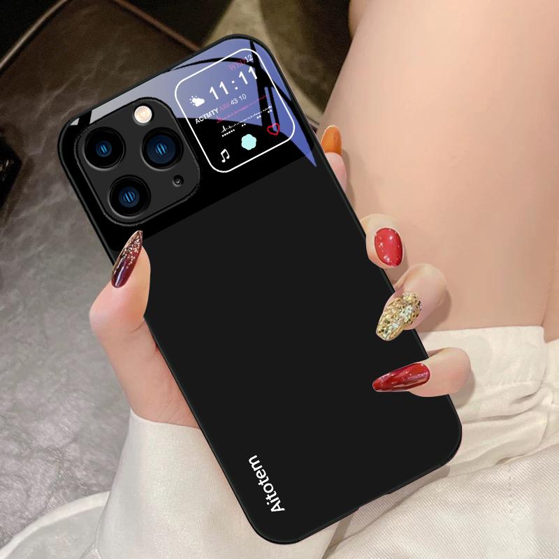 Black Tempered Glass Phone Case For IPhone 15 Pro 14 13 12 Mini 11 XS Max XR 7 8 Plu SE 2020 2022 Liquid Large Window