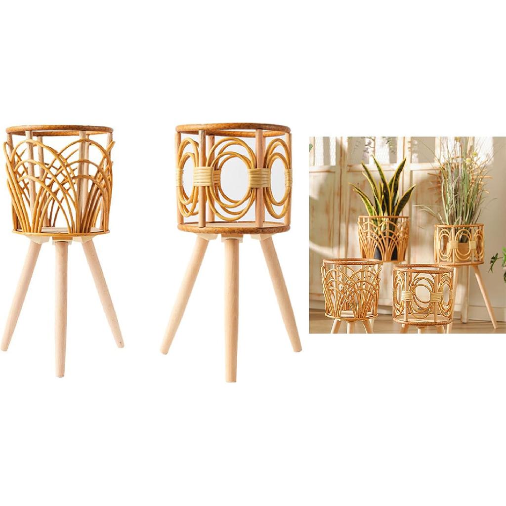 Rattan Plant Stand Woven Plant Stand Wooden Wicker Planter With Wooden Legs Rattan Plant Display Rack Decorations Indoor Flower Holder Handmade Stand