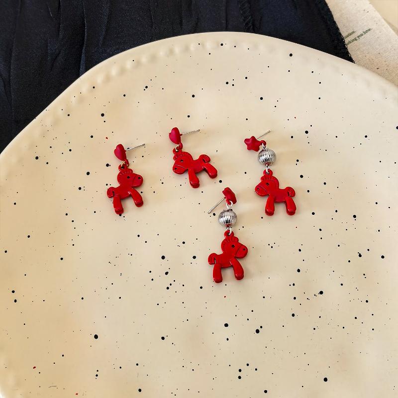 Simple Elegant Red Horse Earrings Korean Cute Sweet New Year's Red Earrings Ear Studs Jewelry Accessories New Year Gifts