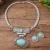 2 PCS Fashion Imitation Turquoise Jewelry Set European American Vintage Style Necklace Earrings Ethnic Teardrop Short Necklace