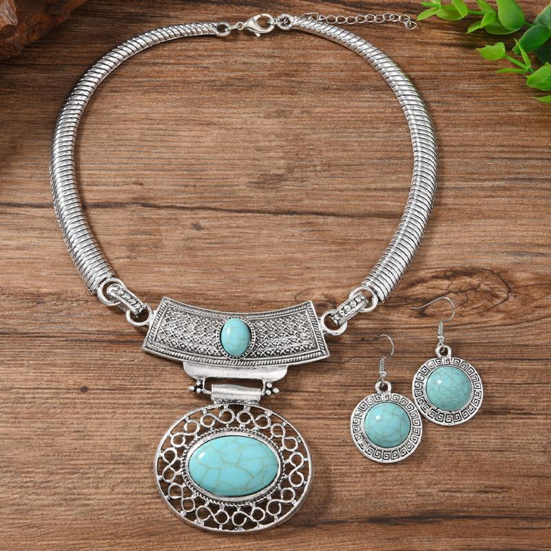 2 PCS Fashion Imitation Turquoise Jewelry Set European American Vintage Style Necklace Earrings Ethnic Teardrop Short Necklace